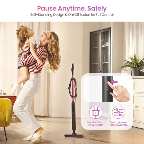 Schenley Steam Mop Cleaner Powerful - 15s Fast Heat-Up, Chemical-Free for Hardwood/Tile/Laminate & Floors/Walls, Washable Pads, 3 Modes for Carpet, Lightweight, Self-Standing, Sleek Design