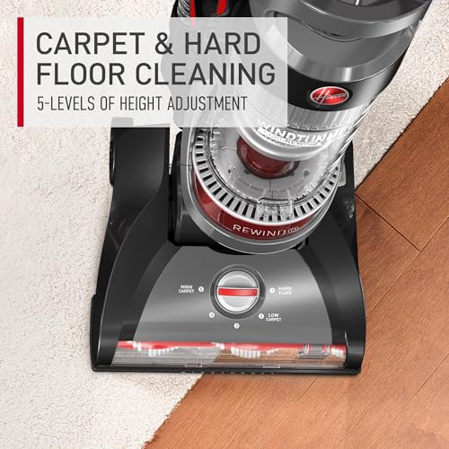 Hoover WindTunnel Cord Rewind Pro Bagless Vacuum Cleaner, Corded Upright Vacuum Cleaner for Carpet and Hard Floor, Multi-Cyclonic Filtration, 25ft Auto-Rewind Cord, 5-Height Adjustment