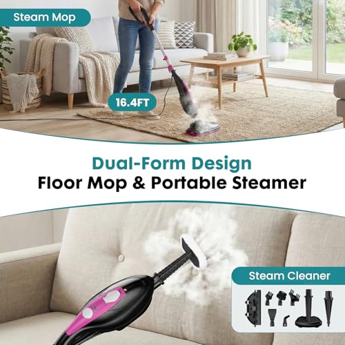 OLIXIS 10-in-1 Steam Mop, 1550W Detachable Handheld Steam Cleaner for Floor Cleaning, 16.4FT Cord, 2 Washable Pads, Multi-Purpose Floor Steamer for Hardwood, Carpet, Tile, Grout, Windows, Black Pink