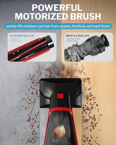 Powools Pet Hair Handheld Vacuum Cordless, Car Vacuum Rechargeable with Reusable Filters, Motorized Brush and Multi-Accessories for Carpet, Couch & Stairs, Red, 17.0"X 4.6"X 6.6"