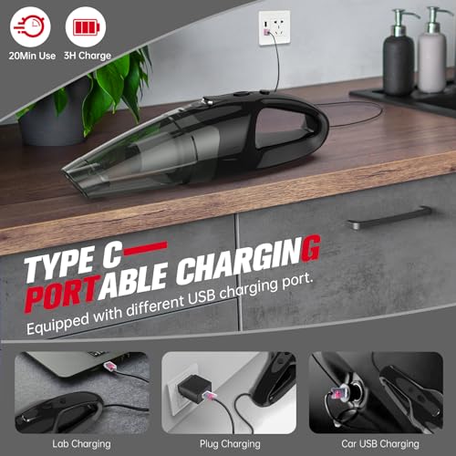 BSRCO Handheld Vacuum Cordless Rechargeable, 3-in-1 Car Vacuum Portable with LED Light & USB Charge, 1.65Lbs Lightweight Hand Vacuum Cleaner for Pet Hair, Home, Car Interior