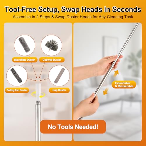 Tiumso Microfiber Feather Duster 5-in-1 Kit, Dusters for Cleaning, Duster with Extension Pole 100 Inches, Cobweb Duster, Microfiber Dusters for High Ceilings and Fans, Blinds, Cars and Furniture