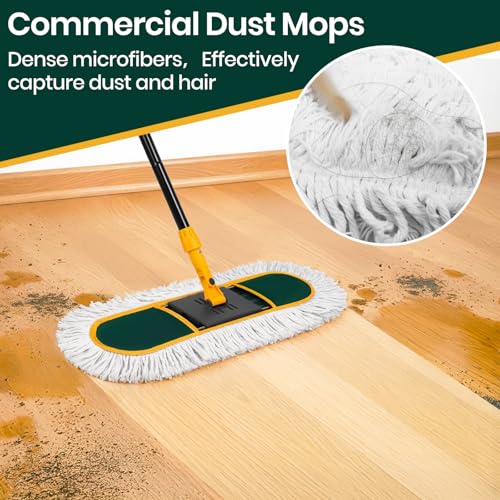 24 Inch Commercial Dust Mop for Floor Cleaning-Heavy Duty Dry & Wet Push Broom with 3 Washable Pads, 57" Handle & 360° Swivel Floor Duster for Hardwood, Laminate, Vinyl Floors & Warehouse