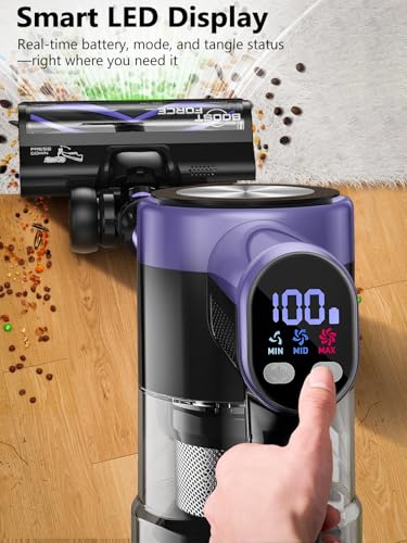 Cordless Vacuum Cleaner, 55KPa/500W Stick Vacuum with 55 Mins Runtime, Self-Standing Vacuum Cleaner for Home, LED Display, Anti-Tangle Brush, Rechargeable Vacuum for Hardwood Floor, Pet Hair (Purple)