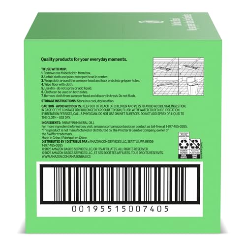 Amazon Basics Dry Sweeping Cloths for Floor Cleaning, Pet Hair, Dust, Dirt, Multi-Surface, Disposable, Fits Swiffer Sweeper Mop Heads, 64 Count, Packaging May Vary