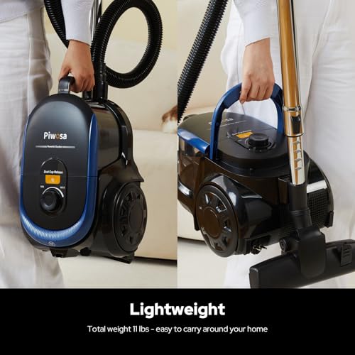 Aircliff Piwosa Canister Vacuum Cleaner, 17KPA Suction Vac for Carpets/Hard Floors, Lightweight Bagless Canister Vacuum with HEPA, 2 Motor System, and 3 Cleaning Tools (Black)