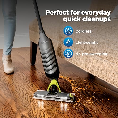 Shark VACMOP Cordless Hard Floor Cleaner, Vacuum and Spray Mop, Powerful Suction, Lightweight, LED Headlights, Includes 4 Disposable Pads, 12oz Multi-Surface Cleaning Solution, Gray, VM252