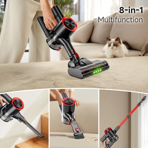 Clinkal Cordless Stick Vacuum Cleaner, 40Kpa Powerful Suction Vacuum Cleaner with LED Headlight, Detachable Battery, 8-in-1 Lightweight Handheld Vacuums for Pet Hair Carpet and Hardwood Floor, Red