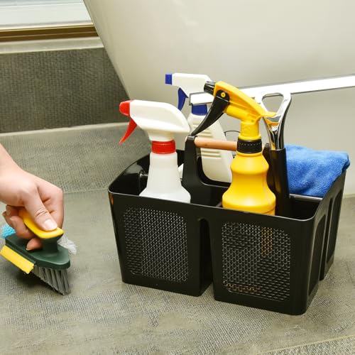 ALINK Portable Shower Caddy Basket with Compartments, Plastic Divided Cleaning Caddy Organizer Storage Tote with Handle for Bathroom, College, Dorm Room Essentials, Black
