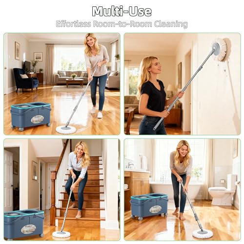 2026 Upgraded Gen 2 Spin Mop and Bucket Set with 4 Swivel Wheels for Easy Rolling, Separates Clean & Dirty Water, Floor Mop with 6 Washable Mop Heads for Wood, Tile, Vinyl, Baseboards - Grey/Blue