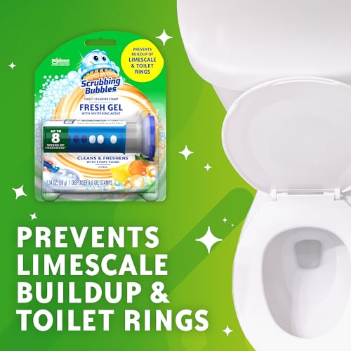 Scrubbing Bubbles Fresh Gel Toilet Bowl Cleaning Stamps, Helps Keep Toilet Clean and Helps Prevent Limescale & Rings, Citrus Scent, 1 Dispenser with 6 Fresh Gel Stamps
