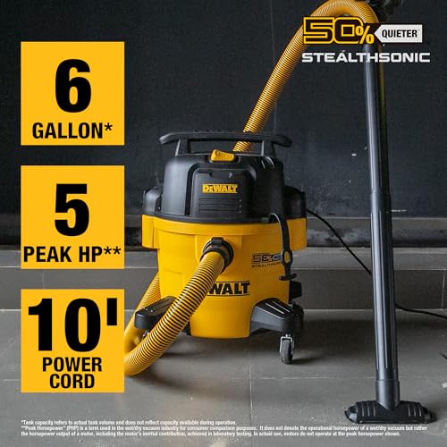 DEWALT 6-Gallon STEALTHSONIC Ultra Quiet Poly Shop Vacuum Wet and Dry with 6 Dust Bags, 5 Peak HP Noise Reduction Wet/Dry Vac for Jobsite, Workshop, and Garage, DXV06P-QTB