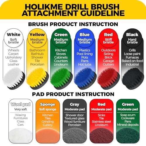 Holikme 11 Piece Drill Brush Attachment Set Scouring Pads Power Scrubber Brush Scrub Pads for Bathroom Surfaces, Floor, Tub, Shower, Grout, Tile, Corners,Cleaning Brush