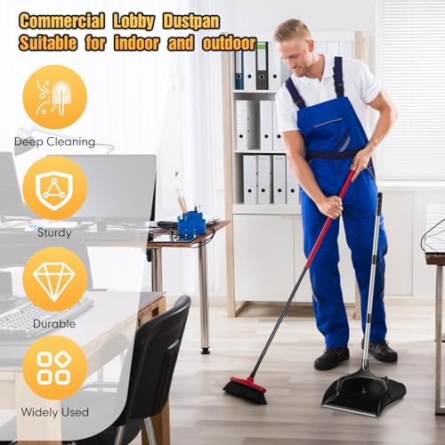 Maxcheck 4 Pcs 37 Inch Lobby Dust Pan Bulk Upright Lobby Dust Pan Plastic Commercial Dustpan with Long Handle Upright Standing Dustpan Heavy Duty for Office Home Indoor Outdoor Use (Black)