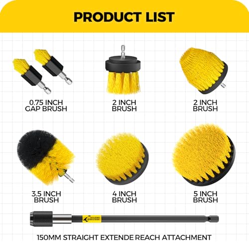 Holikme 8 Piece Drill Brush Attachments Set, Power Scrubber with Extend Long Attachment，Cleaning Supplies for Bathtub, Shower, Grout, Tile(Yellow)