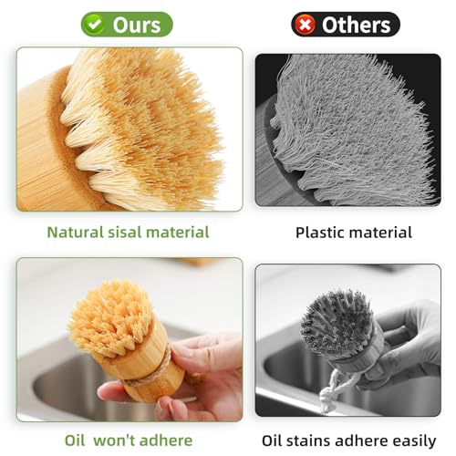 Bamboo Dish Scrub Brushes,Kitchen Wooden Cleaning Scrubbers Set for Washing Cast Iron Pan/Pot, Natural Sisal Bristles, Set of 3