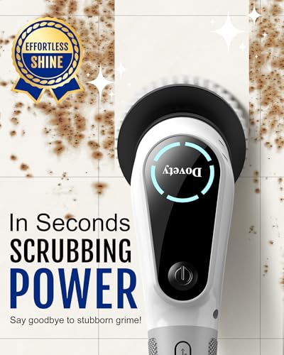Dovety Electric Spin Scrubber, Shower Scrubber, Power Cleaner Tools with 8 Replaceable Brush Heads, Cleaning Brush with Extension Handle, 2 Adjustable Speeds, 90Mins Work Time for Home Bathtub-White