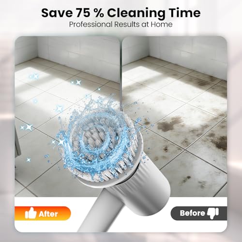 BOTLIFE Electric Spin Scrubber – 5-Hour Battery, 6 Brush Heads, No Bending with 47" Extendable Handle, Cordless Power Scrubber for Bathroom Shower Bathtub Tile Kitchen Floor