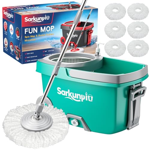 Sarkunpio Mop and Bucket Set with Wringer, Spin Mop Floor Cleaning System with 6 Replacement Microfiber Heads & 61" Extra-Long Handle for Home Floor, Blue