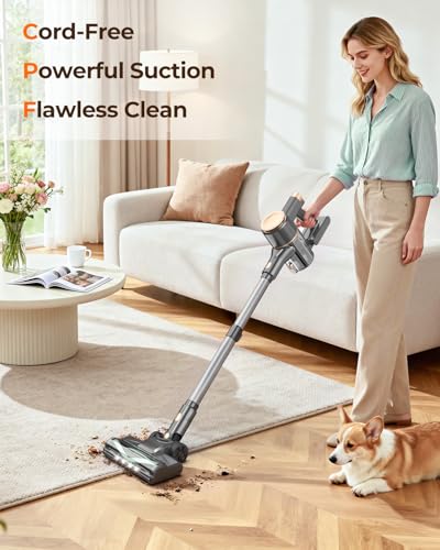 N8 Cordless Vacuum Cleaner,Lightweight Stick Vacuum with Powerful Suction,2200mAh Battery,40 Mins Runtime, Self-Standing,Rechargeable Vacuum Cleaners for Home Hardwood Floor Carpet Hair (Champagne)