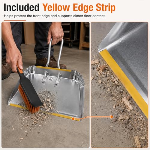 PHYEX 17" Heavy Duty Metal Dust Pan with Brush Set, Large Wide Mouth Dustpan with Stiff Bristle Cleaning Brush for Garage, Yard, Fireplace Ash, Wood Stove, Workshop and Outdoor Cleanup, Silver