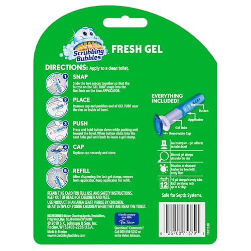 Scrubbing Bubbles Fresh Gel Toilet Bowl Cleaning Stamps, Helps Keep Toilet Clean and Helps Prevent Limescale & Rings, Lavender Scent, 1 Dispenser with 6 Fresh Gel Stamps