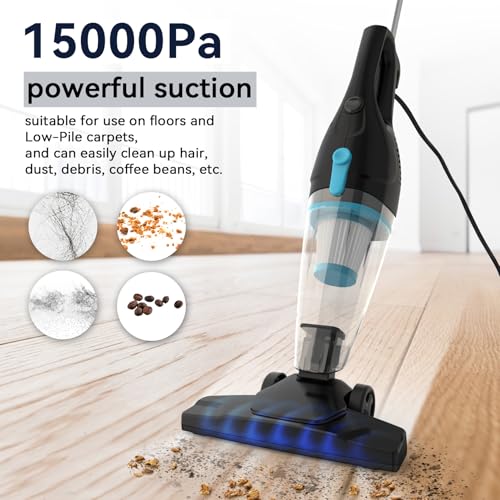 Corded Vacuum Cleaner, 4-in-1 Vacuum Cleaners for Home 15Kpa Power Suction Lightweight Corded Stick Vacuum with HEPA Filter Converts to Small Handheld Vacuum for Home, Pet Hair, Carpet, Hard Floors