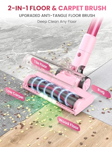 Dzaki Cordless Stick Vacuum Cleaner, 50KPa Brushless Motor Vacuum with Anti-Tangle, LED Display, 55-Min Runtime & Detachable Battery for Pet Hair, Carpet & Hardwood Floors (Cranberry)