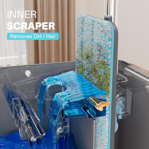 JOYMOOP Mop and Bucket Set, Mops for Floor Cleaning, Wall Mop Cleaner with Long Handle, with 4 Reusable Microfiber Mop Pads - Grey+Cyan Blue