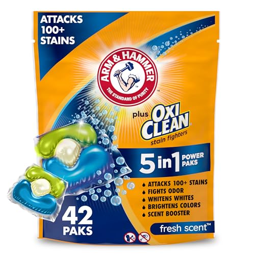 ARM & HAMMER Plus OxiClean Stain Fighters: 5-in-1 Laundry Detergent Power Paks, Laundry Stain Remover, Attacks 100 Plus Stains, Fresh Scent, 42 Count
