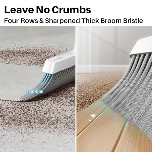 JOYMOOP White Broom and Dustpan Set, Upright Angle Design with Built-in Comb Teeth for Kitchen, Office, Pet Hair, Hard Floors