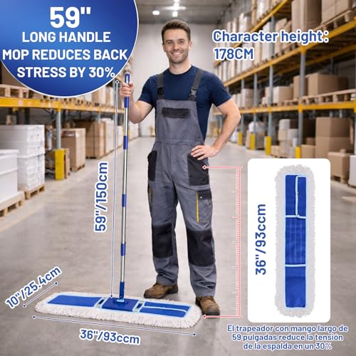 EHADOO 36" Commercial Dust Mop: Dry Dust Broom for Hardwood Floors Cleaning - 2 Mop Pads 59" Long Handle Heavy Duty Frame - Industrial Professional Cleaning Supplies for Hotel Warehouse School Janitor
