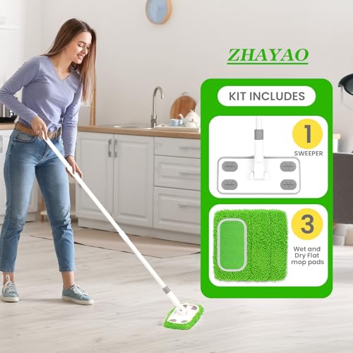 ZHAYAO Reusable Microfiber Floor Mop System, Wet & Dry Sweeper Kit, Includes 1 Sweeper Handle, 3 Washable Chenille Mop Pads, Dry & Wet Use for Hardwood, Tile, and Laminate Floor