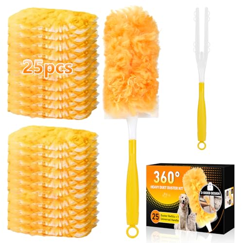 360° Duster Refills Kit for Swiffer Duster, 25 Pack & 1 Handle, Multi-Surface Dusters with 4X Cleaning Power. Efficient Duster Kit for Cleaning Pet Hair, Home, Office, Blinds, Furniture and More