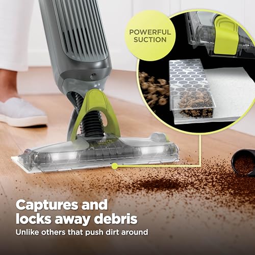 Shark VACMOP Cordless Hard Floor Cleaner, Vacuum and Spray Mop, Powerful Suction, Lightweight, LED Headlights, Includes 4 Disposable Pads, 12oz Multi-Surface Cleaning Solution, Gray, VM252