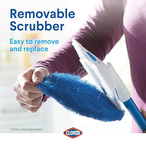 Clorox Extendable Tub & Tile Scrubber – Heavy Duty Brush with Pivoting Head, Replaceable Pad, Works with Clorox Wipes for Easy Bathroom Cleaning, Blue