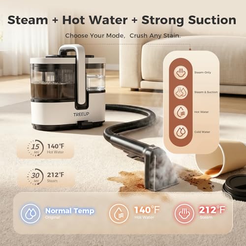 TREEUP Portable Carpet Cleaner Machine with Steam & Hot Water, 18Kpa Powerful Suction Upholstery Deep Cleaner, Handheld Carpet Spot Cleaner with 4 Tools Ideal for Rug, Pets, Car, Couch, Furniture