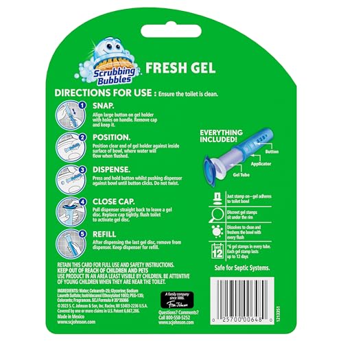 Scrubbing Bubbles Fresh Gel Toilet Bowl Cleaning Stamps, Automatic & Continuous Bathroom Toilet Cleaner Helps Prevent Limescale, Rings & Build-Up, Berry Burst, 1 Dispenser, 6 Stamps (6 Pack)