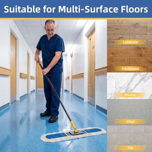 36" Commercial Dust Mop for Floor Cleaning, Heavy Duty Industrial Dry Dust Mop with 2 Mop Pads & 59" Long Handle, Professional Janitorial Cleaning Supplies for Home, Garage, Hotel, School, Gym