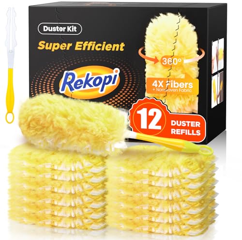 Heavy Duty Duster Refills for Swiffer Duster, 12 Count Duster Refills with 1 Handle, Multisurface 360° Dusters with 4X Microfibers, Unscented Disposable Dusters for Cleaning