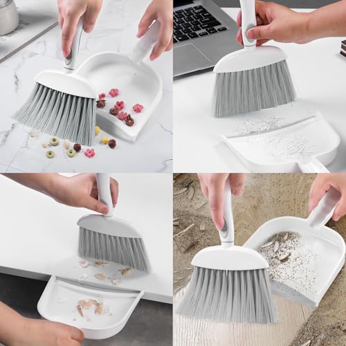 NACENA Small Dust Pan and Brush Set, Mini Broom and Dustpan Set Small Hand Broom and Brush Combo Dust Pan with Teeth for Home Cleaning Drawers Desktop Sofas and Outdoor, White & Gray