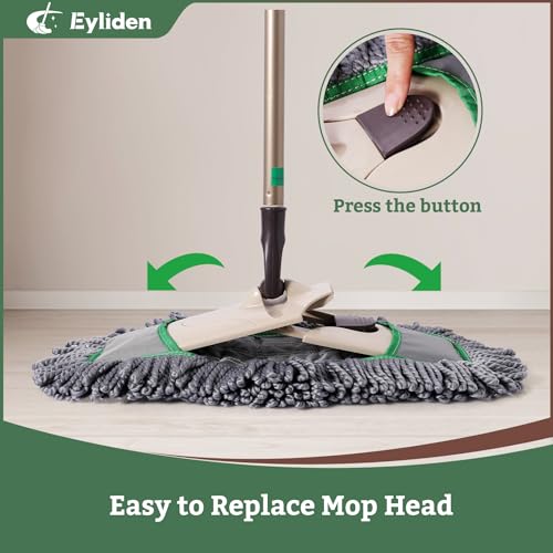 Eyliden Pro Dust Mop for Floor Cleaning | Dry Mop with 3 Reusable Microfiber Pads, Pet Hair Removal, Spill Absorption | One-Click Replacement, Telescopic Handle for Home and Commercial Use, Grey+Green