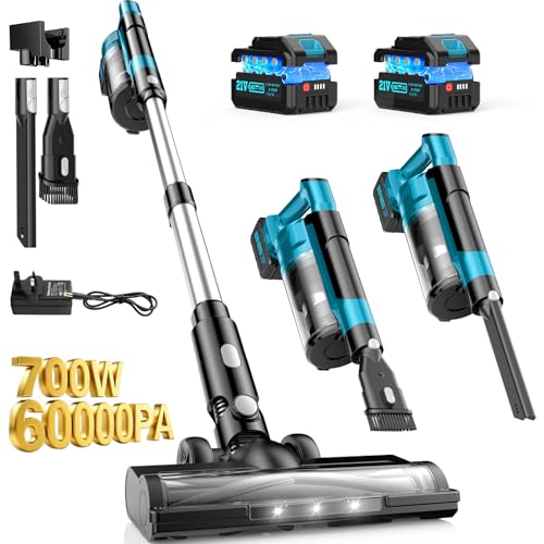 denqir 700W Cordless Vacuum Cleaners for Home with 2*Battery 8000mAh,Brushless Rechargeable Stick Vacuum with 3 Mode, 6 in 1 Portable Handheld Cordless Vacuum for Pet Hair/Hardwood Floor/Dorm (Blue)