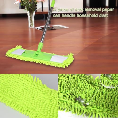 Dust Mop for Floor Cleaning with 2 Washable Chenille Pads and Extendable 58” Long Handle, Dry Wet Flat Mop with Scouring Pad for Hardwood, Laminate, Tile, Marble (Green)