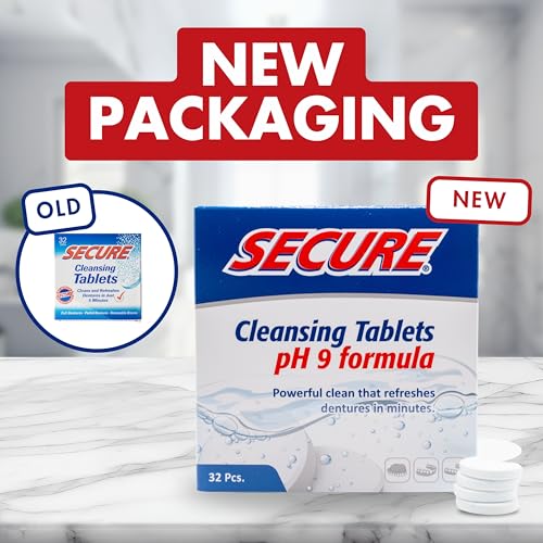 Secure Daily Cleansing Tablets - pH 9 Formula Thoroughly Cleans Dentures - Fights Odors, Stains & Germs - For Dentures, Nightguards, Retainers & Partials - 32 Tablets (1 Pack)