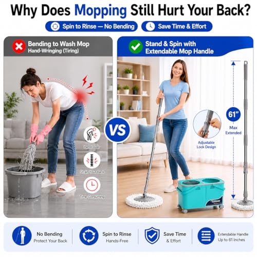 2026 Upgraded Easy-Use Spin Mop for Cleaner, Clean & Dirty Water Separation Mop Bucket for Pet & Family Homes,360° Swivel Wheels, Safe for Hardwood & Tile, Adjustable Handle,6 Reusable Mop Heads