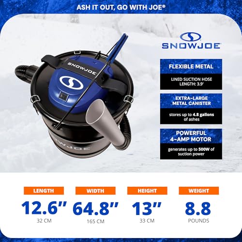 Snow Joe Bagless Canister Vacuum Cleaner, Metal Canister w/ Hose & Filter, 4.8 Gallon, 4-Amp Motor - Ash Vacuum Cleaner for Home, Garage, and Outdoor Spaces, ASHJ201