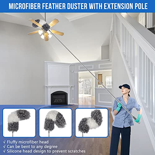 UIMO Microfiber Feather Duster Kit with Extension Pole (30–100") – Bendable Washable Heads, Extendable Dusters for Cleaning Ceiling Fan, High Ceiling, Blinds, Furniture & Cars (5 Pcs)