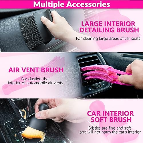 ThinkLearn Car Cleaning Kit, Car Vacuum Detailing Kit Interior with High Power Handheld Vacuum, Including 7Pcs Detailing Brush Set, Windshield Cleaner, Pink Car Accessories for Women