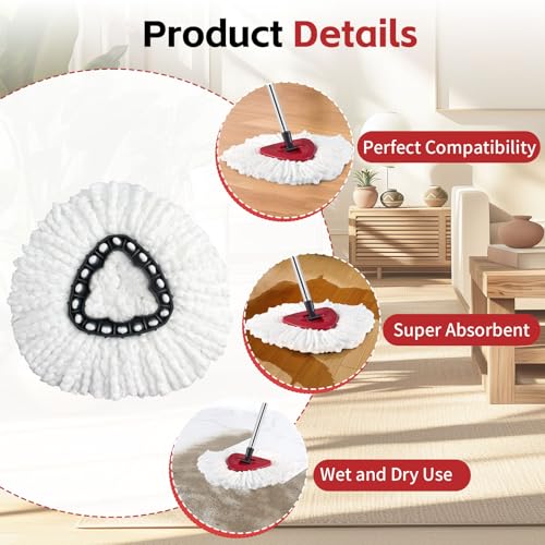 ANREKEYH Spin Mop Replace Head, Base, Handle Compatible with O Cedar EasyWring Microfiber Spin Mop, 2 Mop Refills Replacement Heads, 30-58in Mop Handle and 1 Mop Base Combo Set (White (1-Tank System))